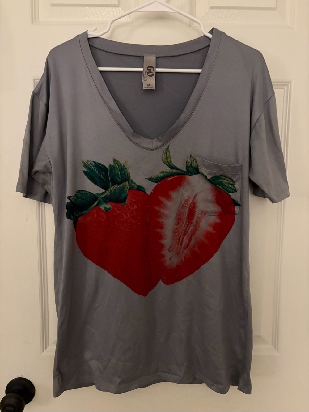 Go Couture Gray V-Neck Tee with Red Strawberry Motif